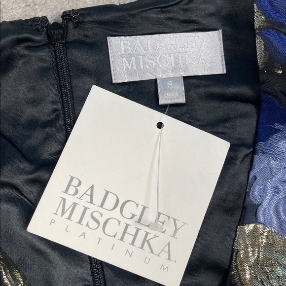 NWT Badgley Mischka Sleeveless A Line Floral Metallic Dress Blue Gold Sz 8 - Picture 7 of 11